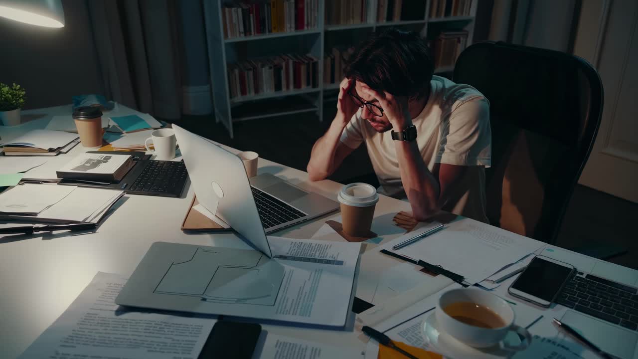 A stressed man at a cluttered desk, viewed from a high angle. The dim lighting and scattered papers