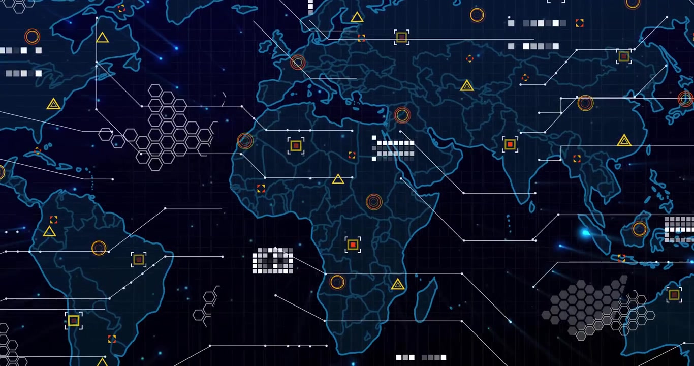 Digital World Map with Futuristic Data Interface and HUD Elements