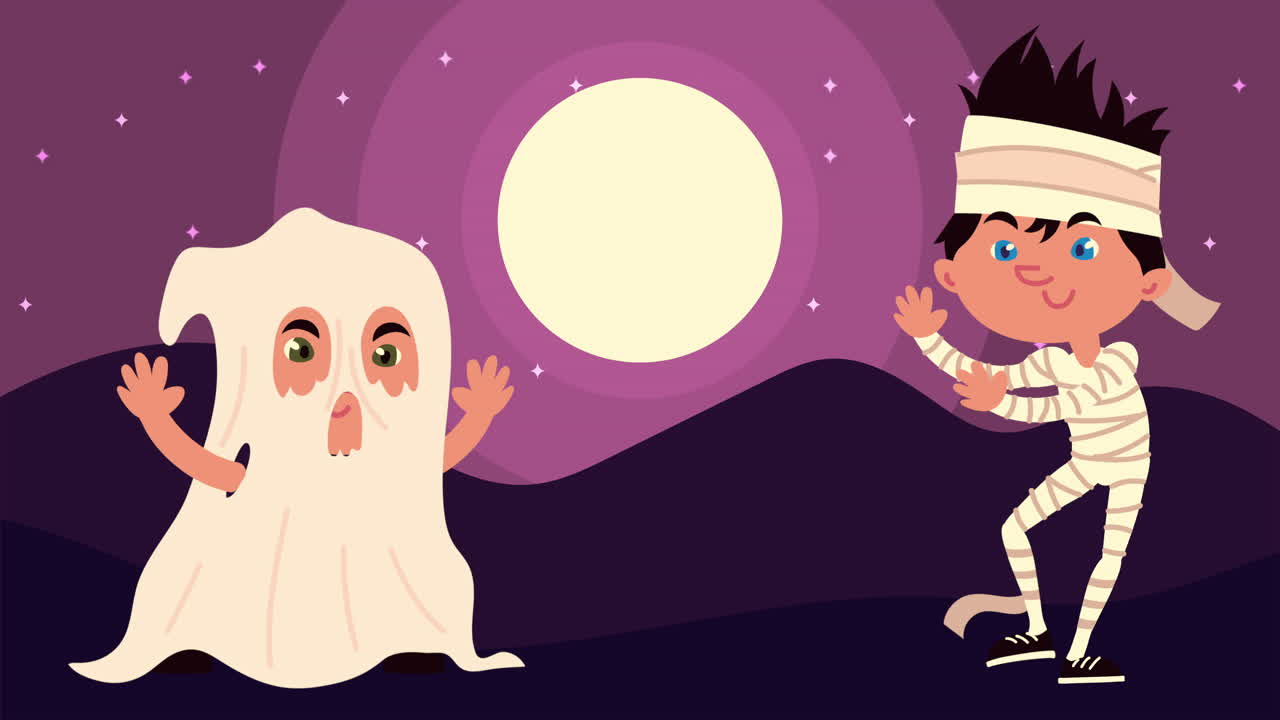 작은 미와 유령과 함께 행복한 할로윈 애니메이션