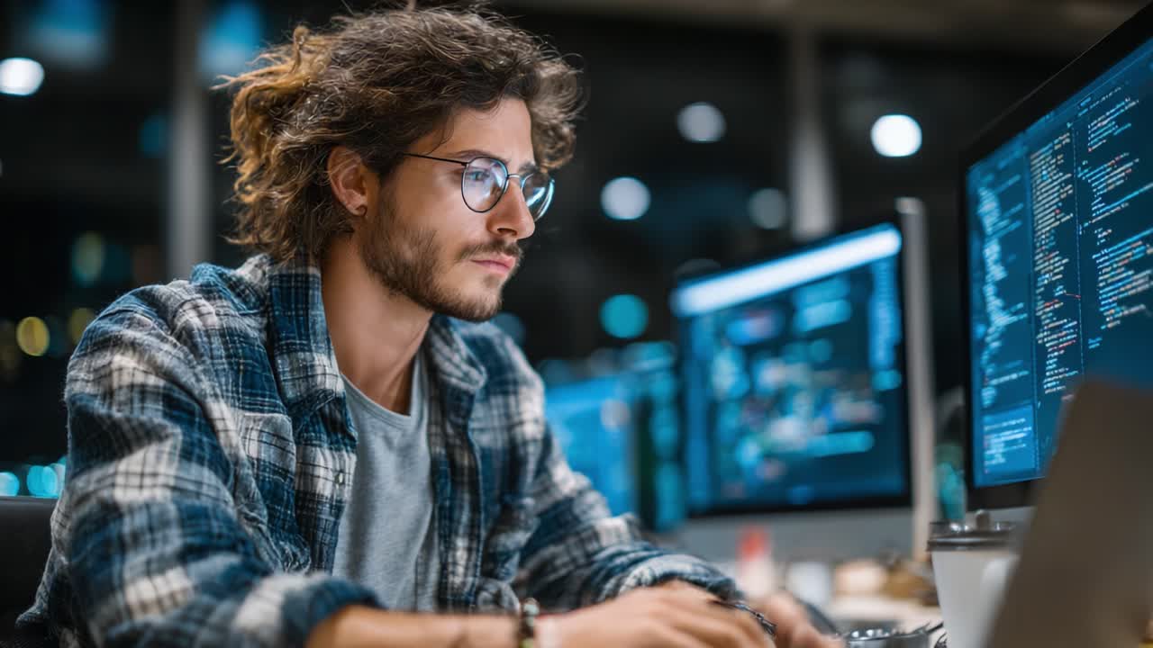 Focused Developer Working Late at Night Surrounded by Multiple Monitors, Immersed in Coding Tasks and Deeply Engaged in Problem Solving in a Dark Environment