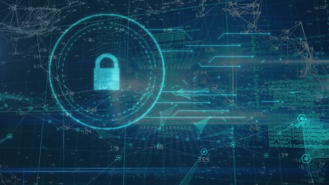Animation of digital padlock in circle over data processing on blue background