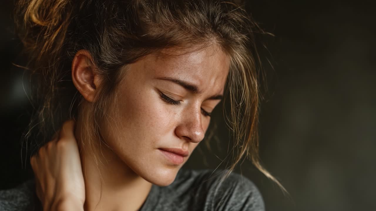 Uma jovem contempla profundamente, expressando emoção e introspecção enquanto lida com turbulência interna, segurando o pescoço em um ambiente mal iluminado