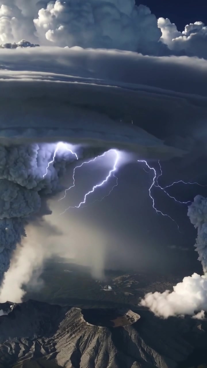 Video verticale: Cratere vulcanico in eruzione ripreso da drone che invia cenere in una nube a incudine, generando fulmini.