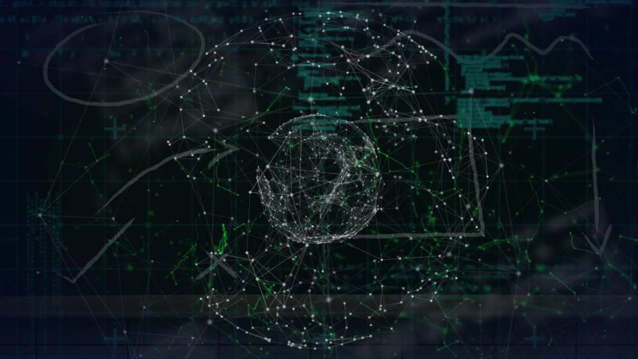 Animation of globe of network of connections over data processing against black background