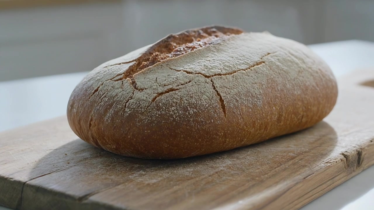 Pulling camera inward revealing scoring and flour dusting on artisan loaf on board, kitchen counter
