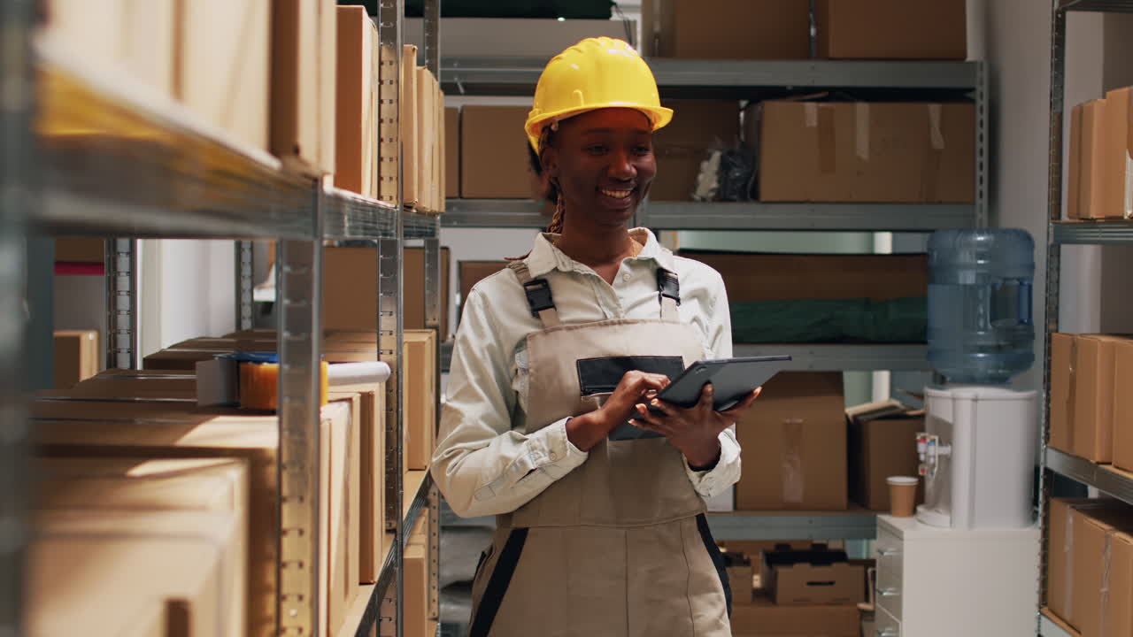 Warehouse worker checking inventory on tablet