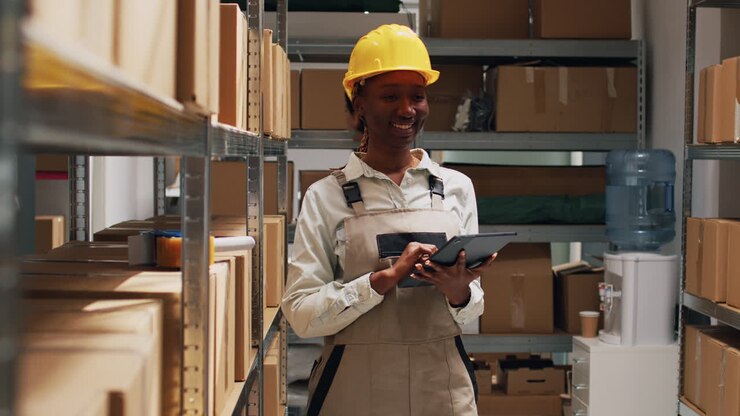 Warehouse worker checking inventory on tablet