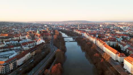 drone video of main danube canal with golden sunset in bamberg