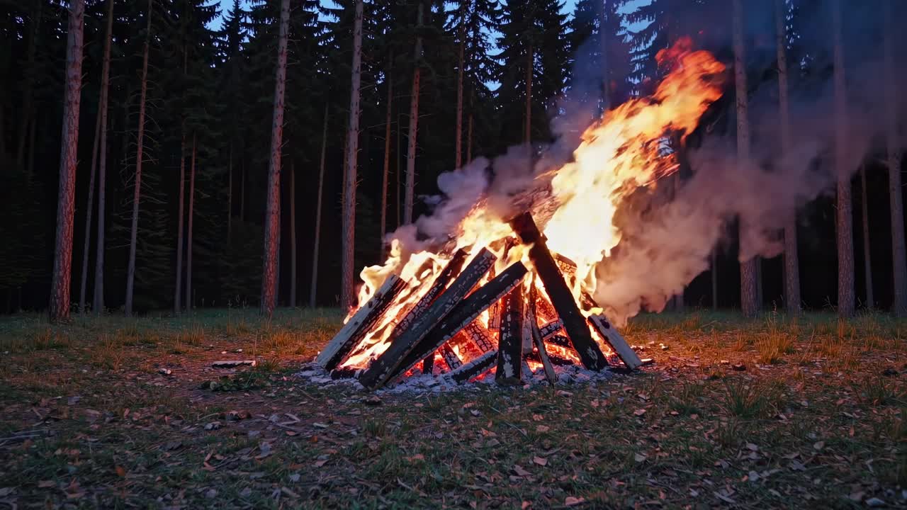 Video con angolazione dal basso di un grande falò in una radura nella foresta, fiamme che si alzano su uno sfondo di alberi alti