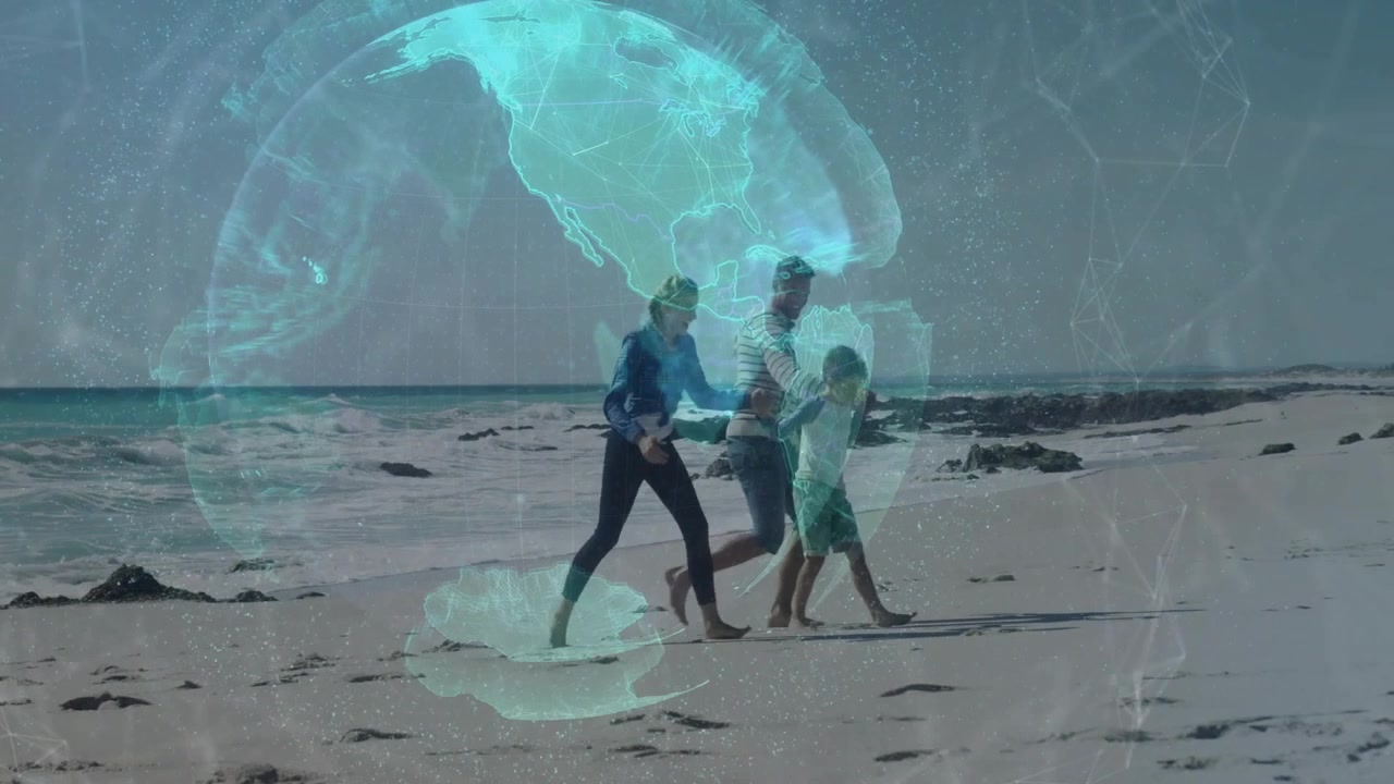 Man, woman, child starting skipping along shore while turquoise globe overlaying, showing tech demo