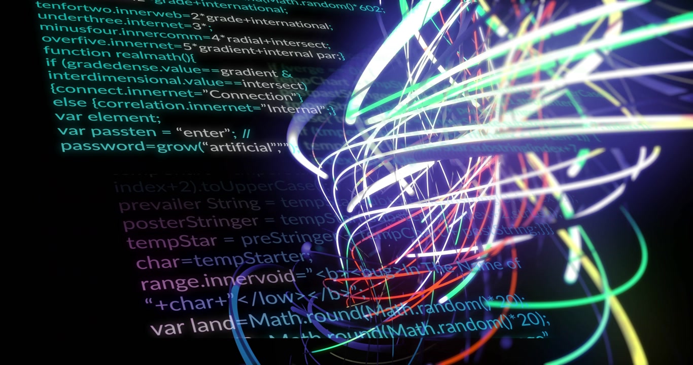 Neon ribbons rotating and tightening as code scroll starts, occluding lines and showing data flow