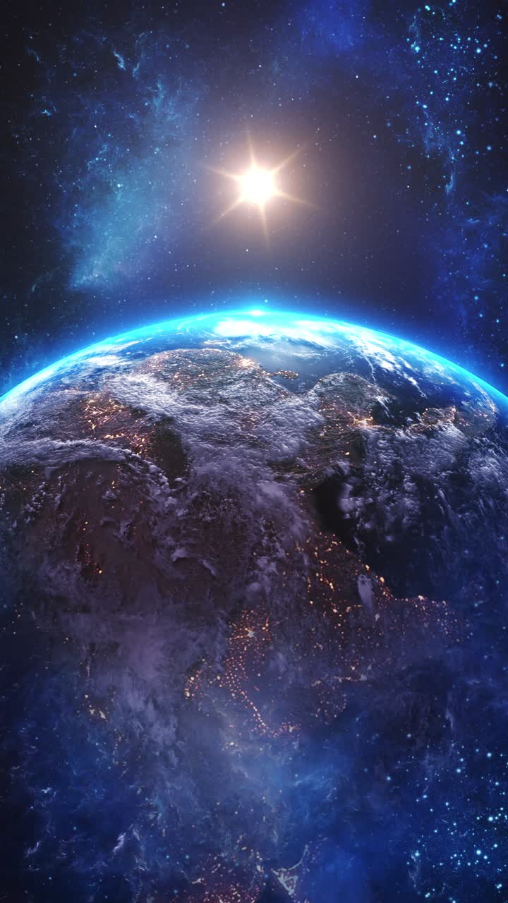 La Tierra en el espacio dentro de una nebulosa galáctica, con un horizonte planetario brillante y una luna distante, en un épico escenario de ciencia ficción espacial.