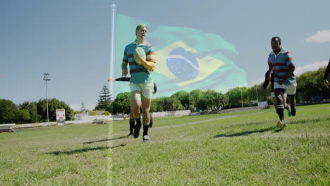 rugby players running on field with brazilian flag animation overlay
