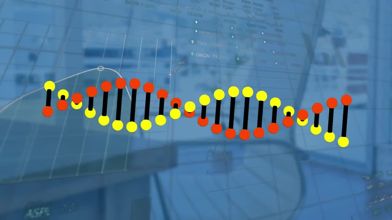animación de la hilera de adn y procesamiento de datos en una oficina vacía