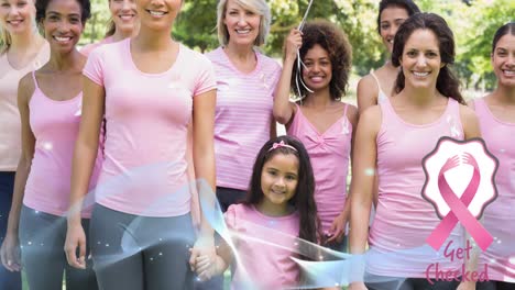 animation of pink ribbon logo with get checked text and wave over diverse group of smiling women