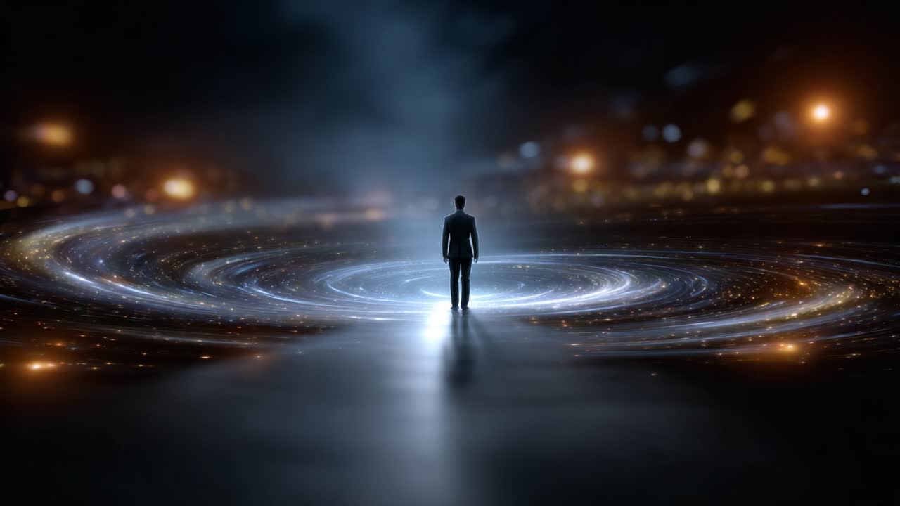 Una figura solitaria si erge in mezzo a un vortice cosmico turbinante, illuminata da luci scintillanti che evocano i vasti misteri dell'universo e dell'esistenza umana.
