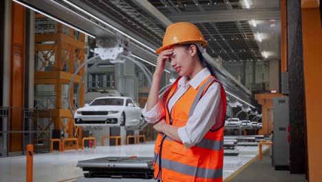 vista lateral de una ingeniera asiática con casco de seguridad que tiene dolor de cabeza mientras trabaja en una fábrica de automóviles ev