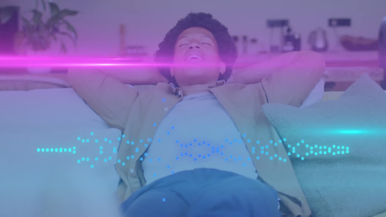 Animation of music data processing over african american man relaxing