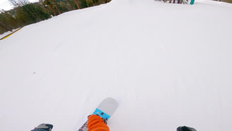 POV-shot-of-snowboarder-riding-down-a-mountain