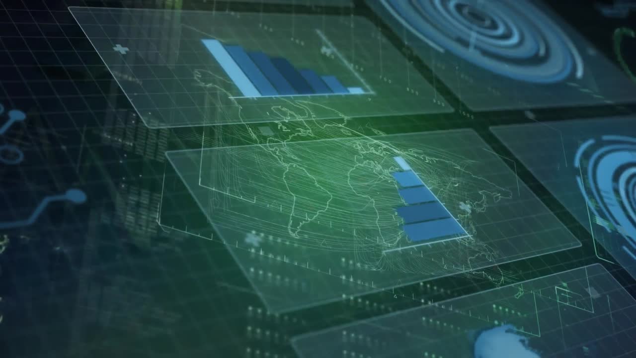 Animation of interface with round scanner, data processing and world map against green background