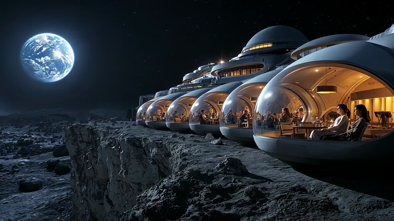 Panning camera revealing glass pods on lunar cliff, diners eating in jackets, staff serving, Earth