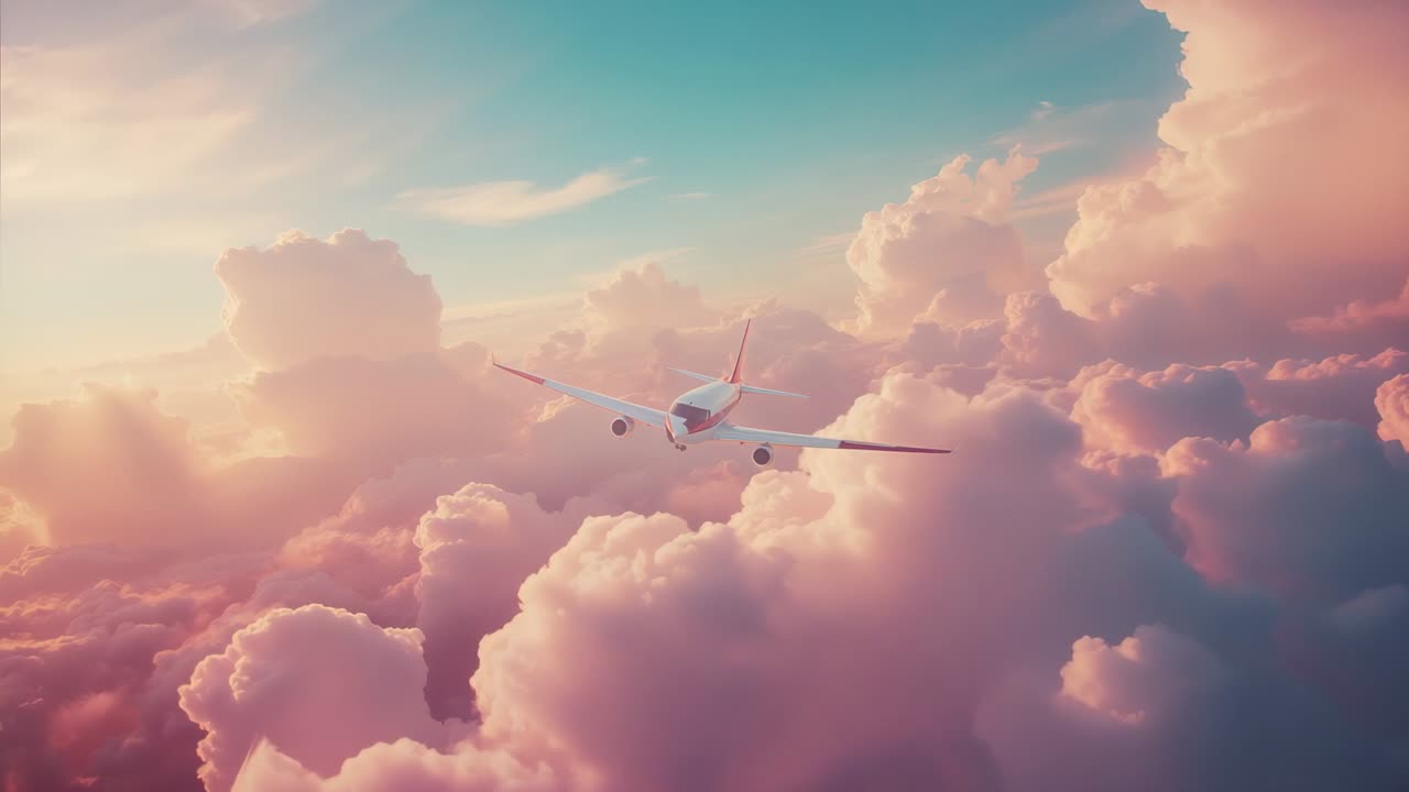 Un aereo di linea bianco in fase di decollo da una nuvola di cumuli rosa all'alba, diretto a destinazione