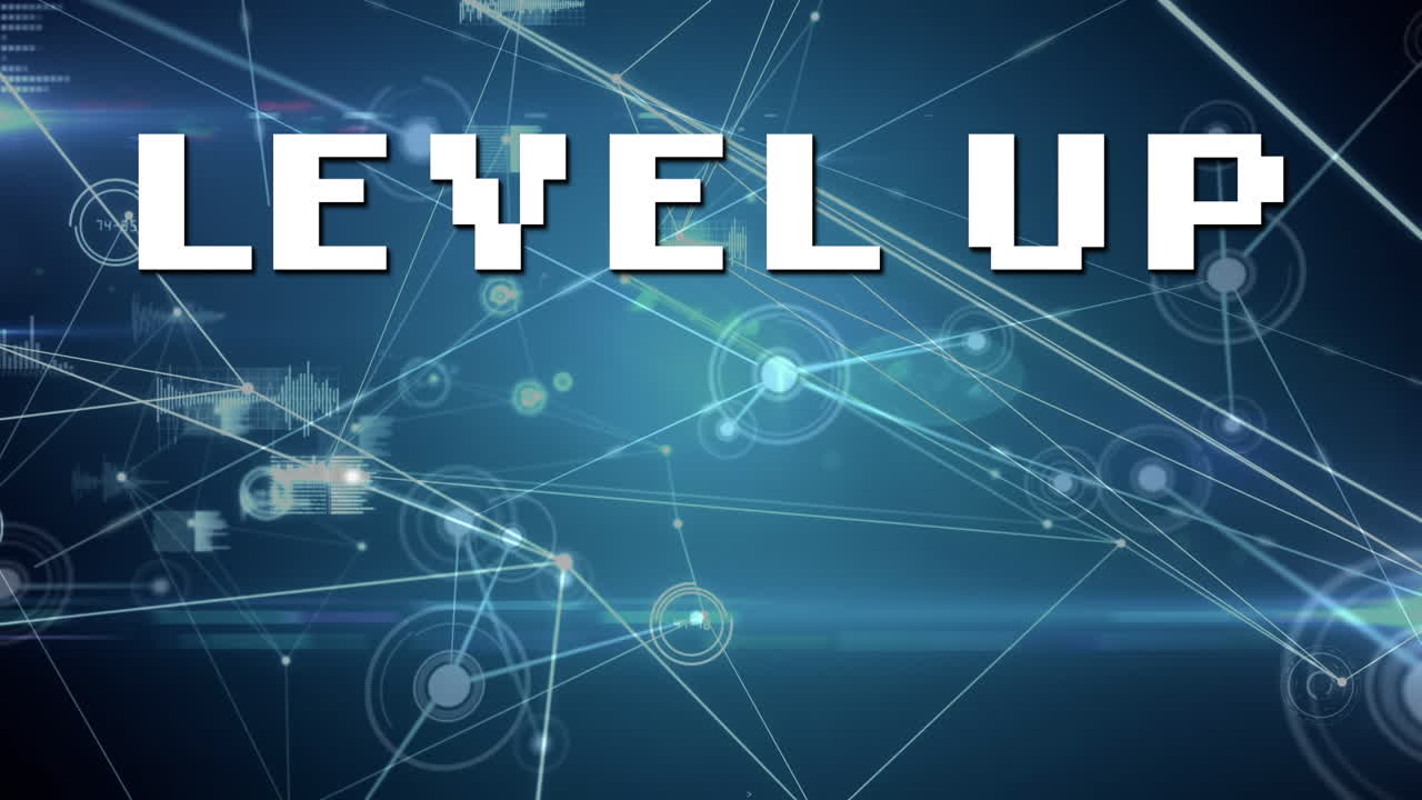 데이터 처리의 애니메이션과 파란색 배경의 레벨 업 텍스트