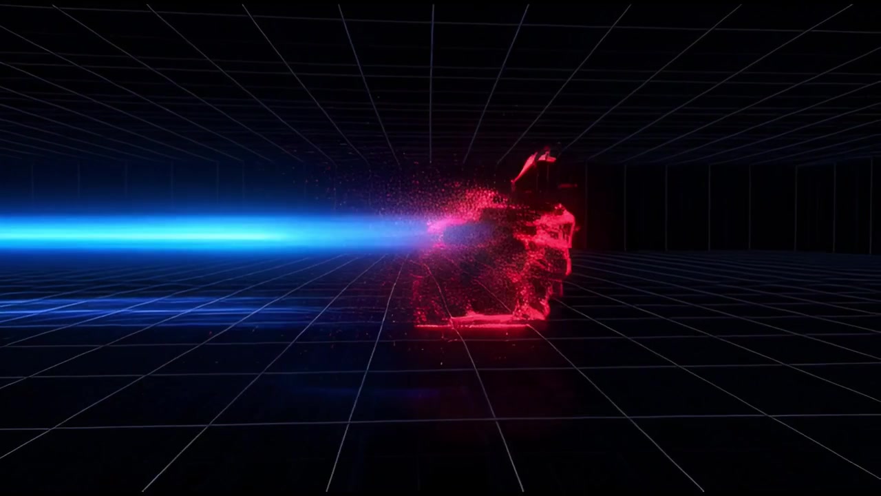 Conto alla rovescia digitale futuristico con particelle rosse e raggio di luce blu