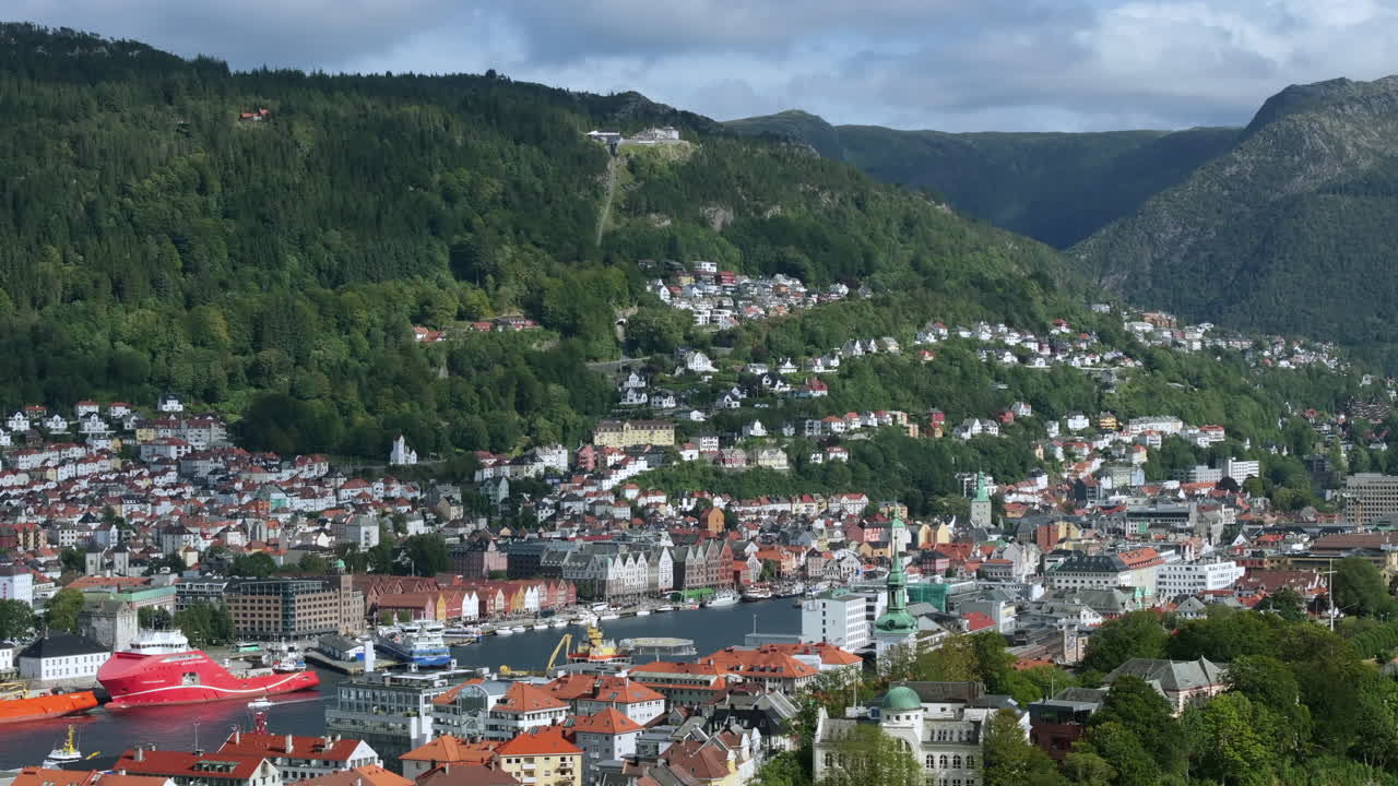 Aerial tracking shot moving sideways over Bergen’s harbor and historic Bryggen district