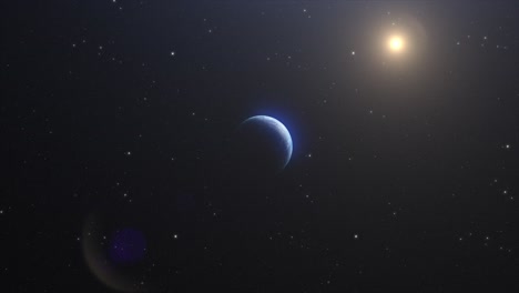 distant view of the earth from space from the night time side of the planet, with north american and south american continents, as the planet rotates slowly with the sun visible in the background