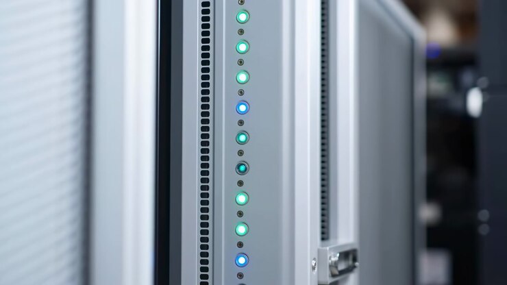 Close-up view of white equipment cabinet with rows of glowing status lights, soft focus background, cool lighting, and detailed panel texture creating modern data infrastructure visual.