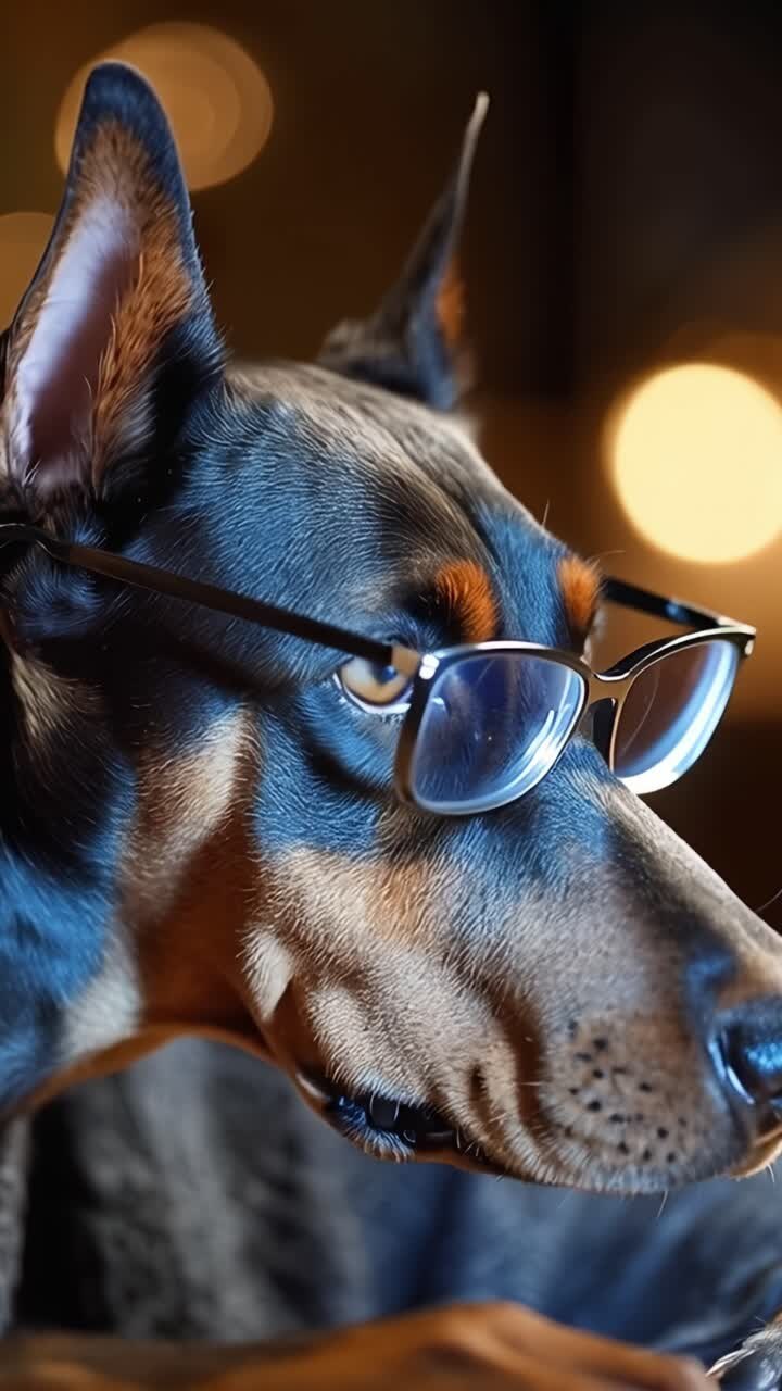 Un Dóberman sofisticado y pensativo con gafas, retratado en dos encuadres con un ambiente acogedor, mezclando inteligencia y encanto de manera juguetona.
