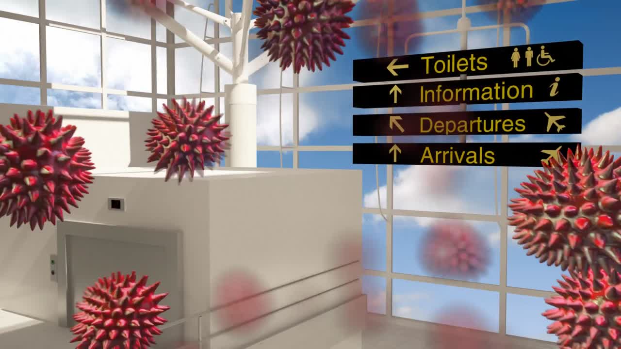 Animation of macro coronavirus Covid-19 cells spreading over an empty check in desk at an airport