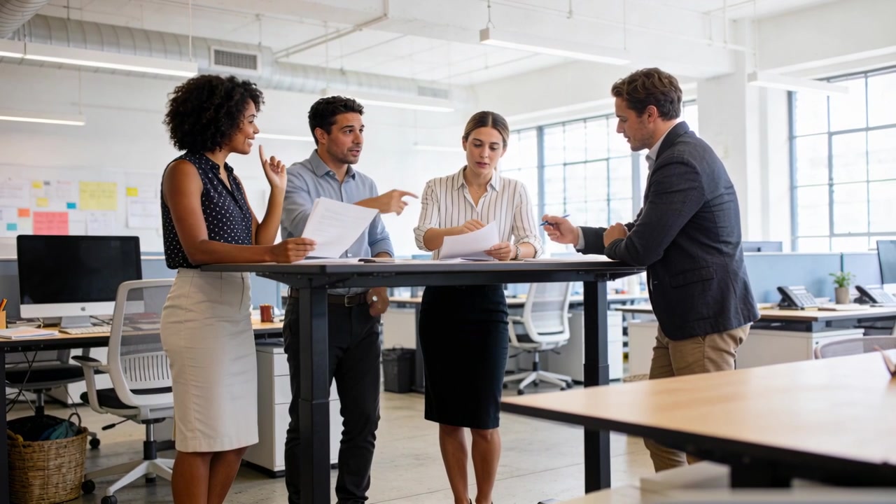 Tim berbusana bisnis di meja tinggi meninjau dokumen di kantor terbuka, seorang wanita menunjukkan halaman untuk meninjau detail.