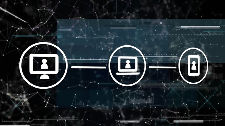 Animación de procesamiento de datos y formas sobre una red de conexiones con íconos