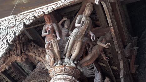 interior details of the capital connecting to the roof at sanctuary of truth at pattaya,thailand, wooden temple by the ocean.