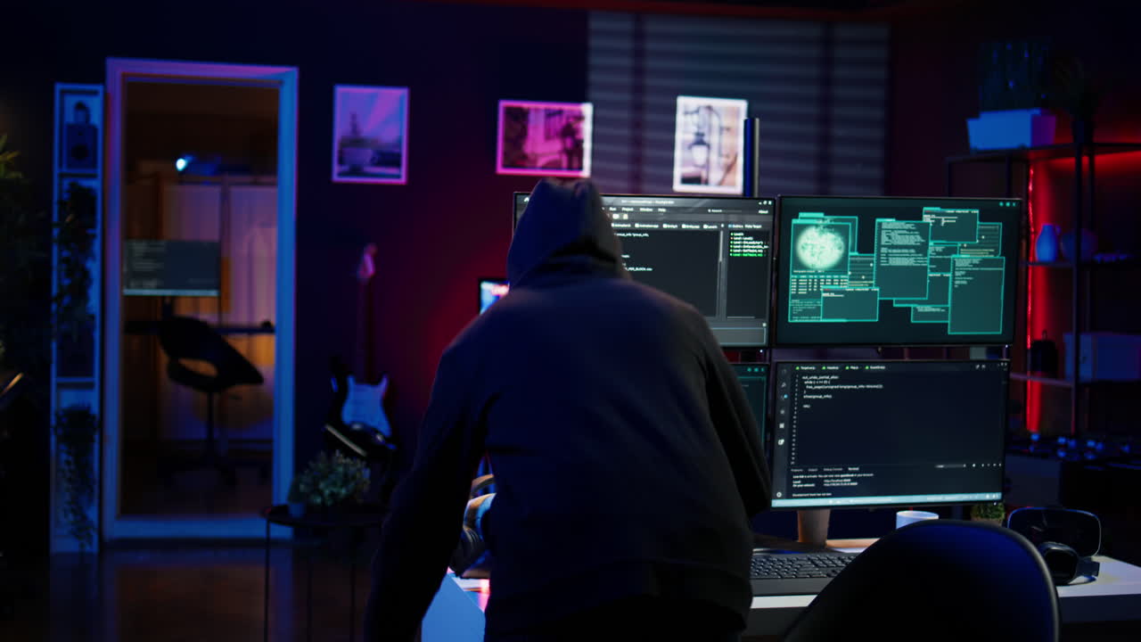 el hacker llega a un refugio subterráneo oculto, preparado para lanzar un ataque ddos.