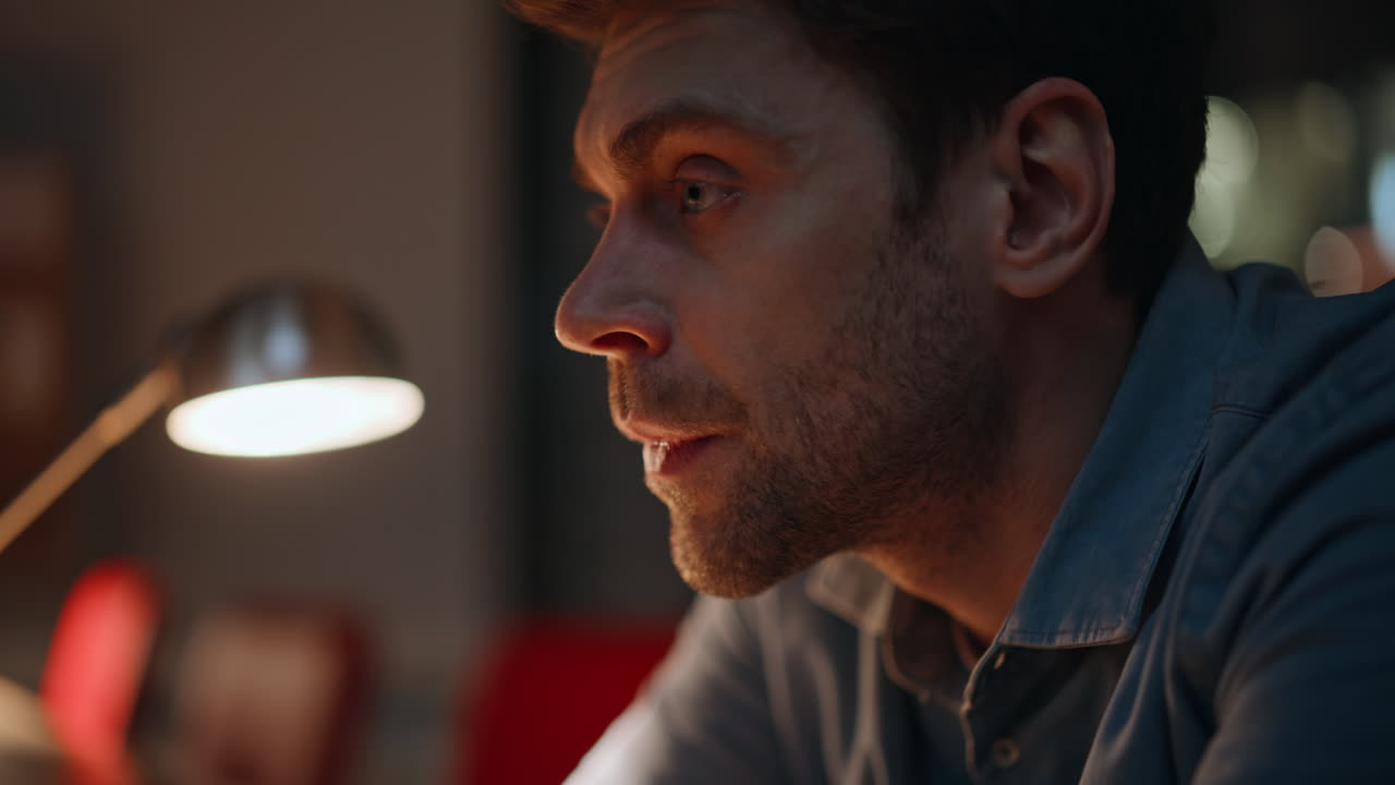 Sleepy employee sitting workplace late evening closeup. Overworked businessman