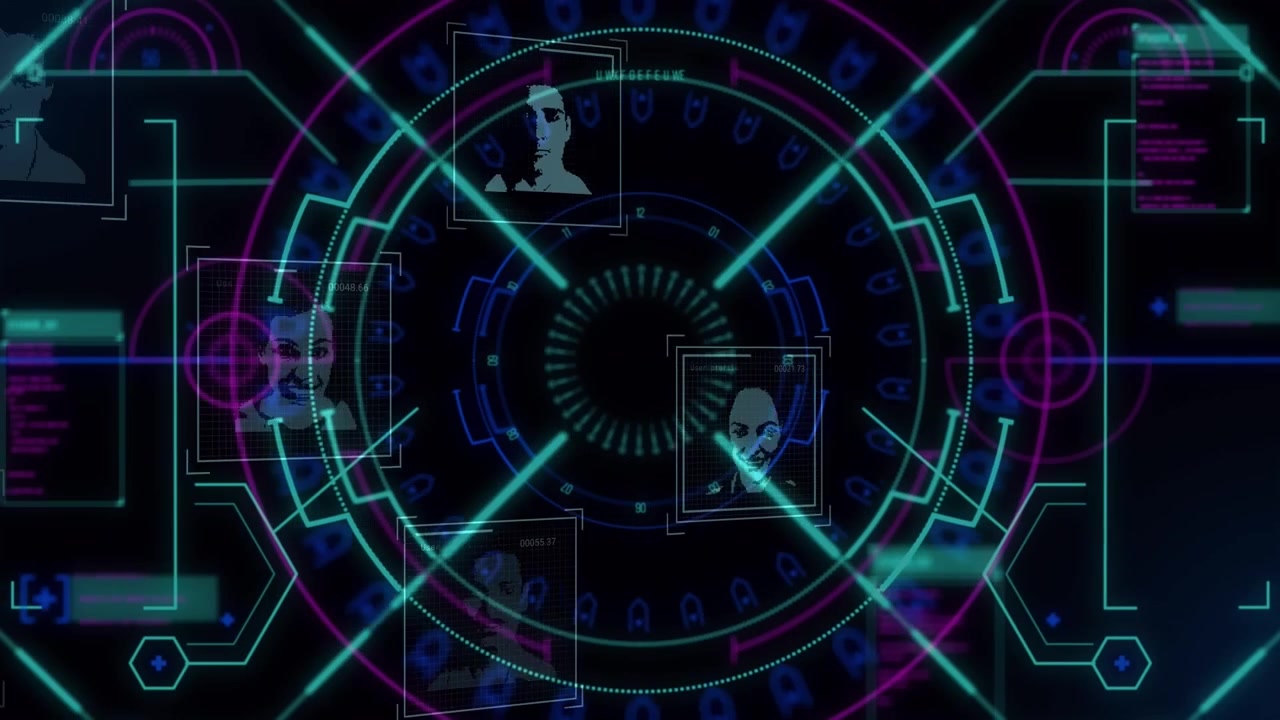 Interfaccia digitale futuristica con scansione del profilo utente e dati.