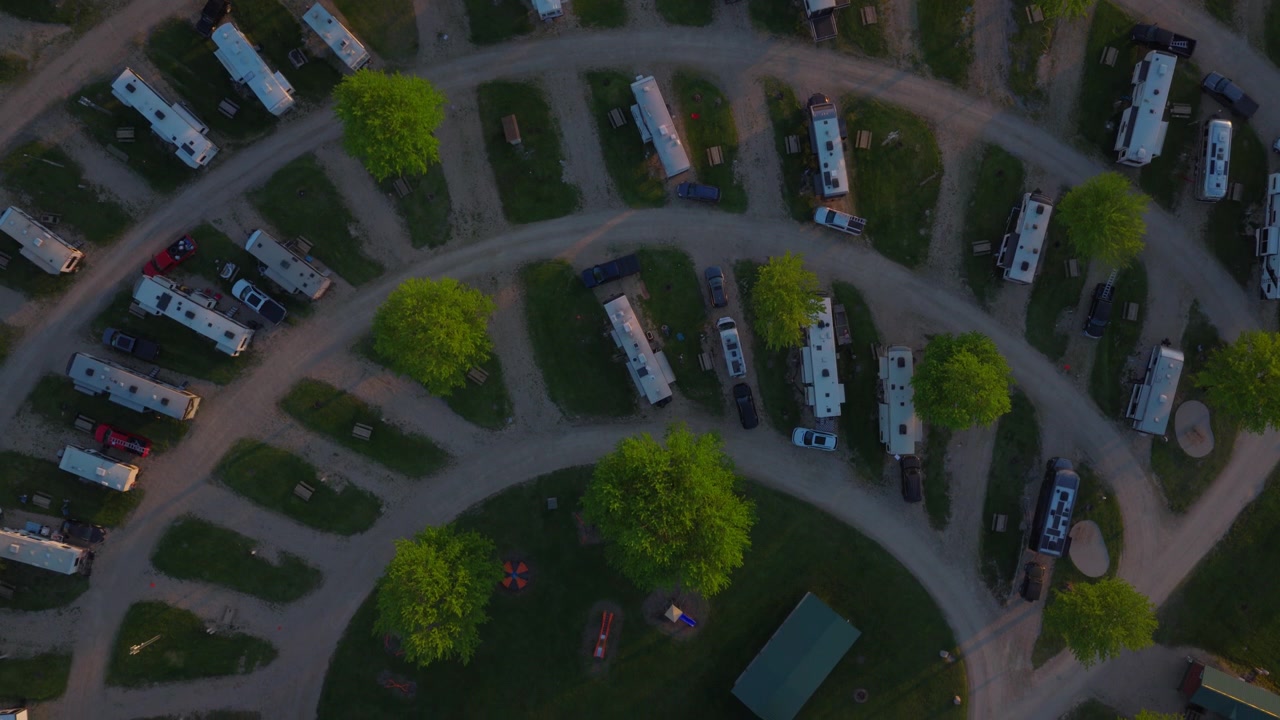 From straight above, an RV park reads like a diagram — spokes, commons, pool, and play space — a metaphor for how design turns strangers parking overnight into a functioning village. Wisconsin