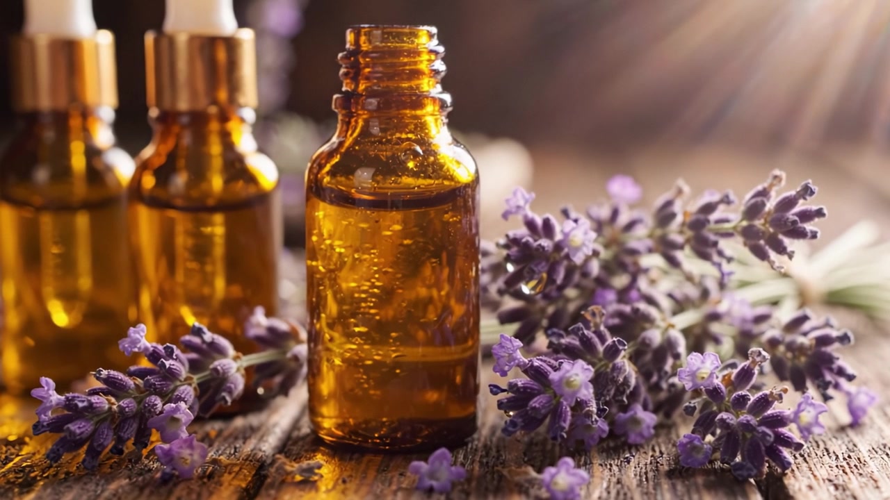 Óleos Essenciais Aromáticos de Lavanda: Frascos Cativantes Cercados por Flores Frescas de Lavanda Destacando Beleza Natural e Bem-Estar