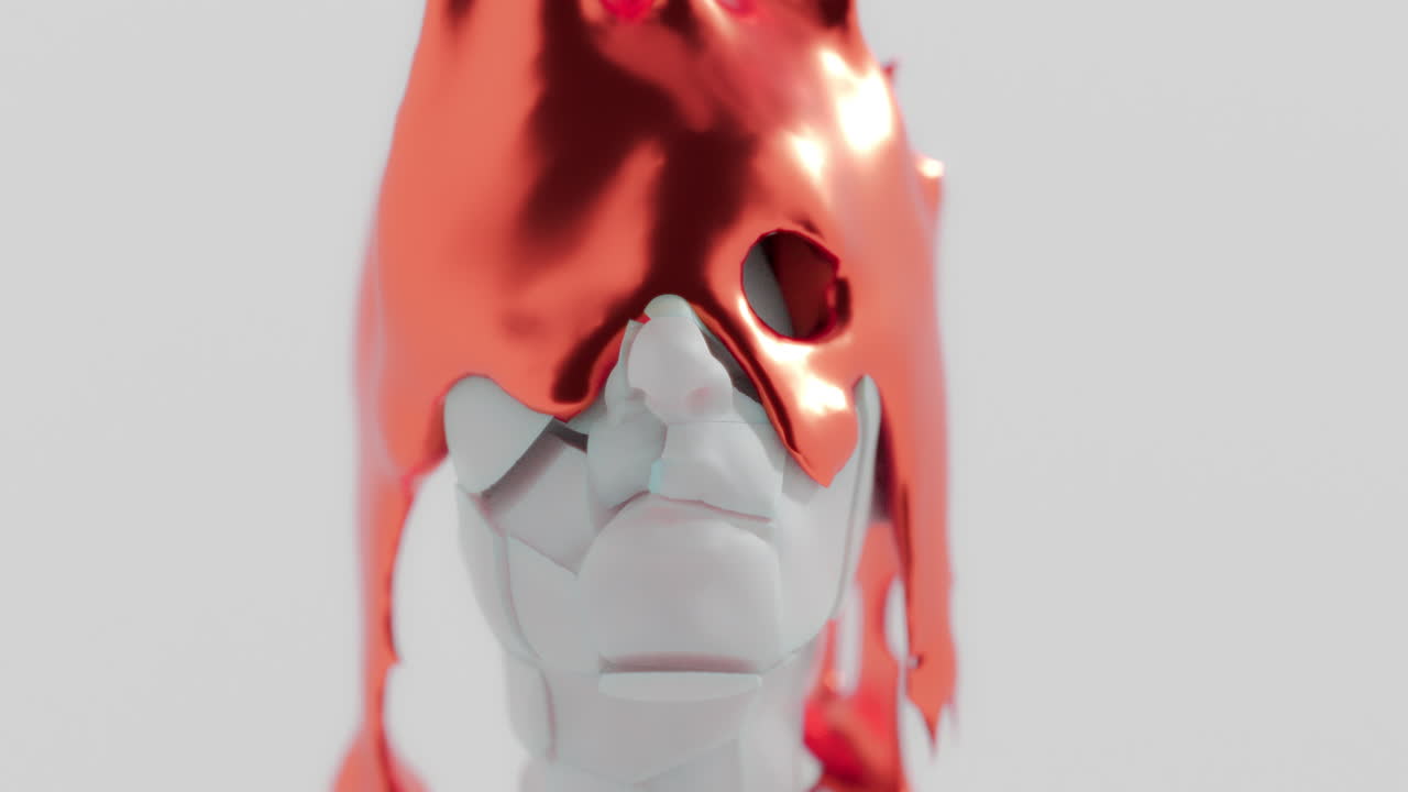 A red liquid metal flows slowly on the sculpture