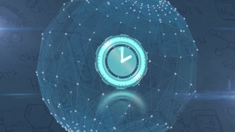 animation of clock moving over globe, connections and chemical icons on blue background