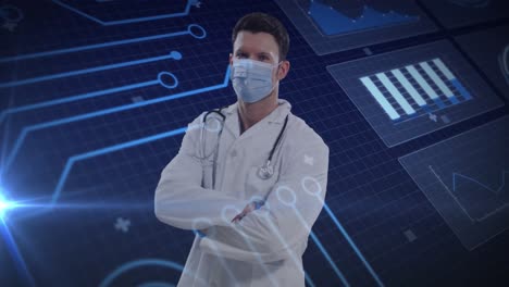 animación de un médico caucásico en máscara y procesamiento de datos científicos sobre fondo azul.