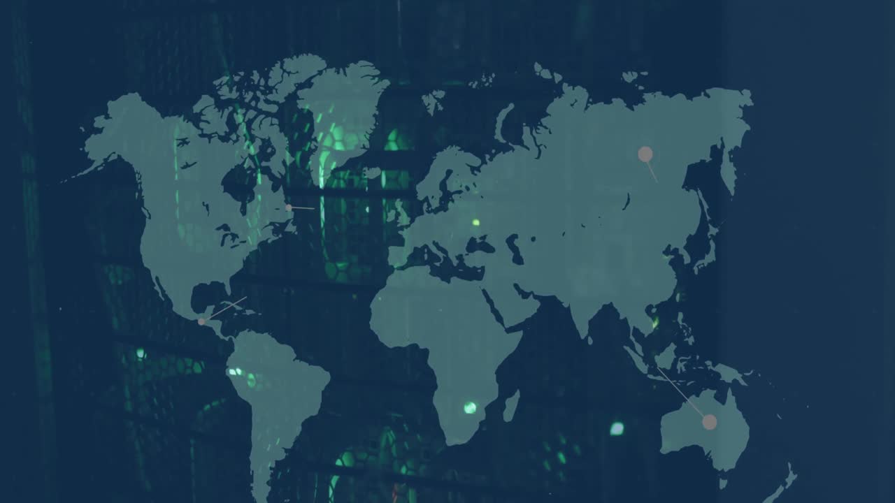 Animation of world map and networks of connections over computer server