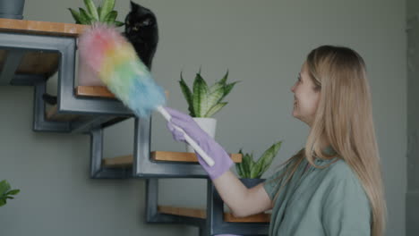 woman cleaning shelves with plants and cat