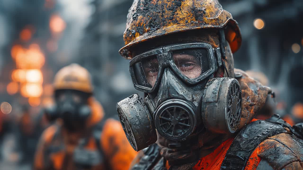 A Gritty Portrait of Resilience: Firefighters in Protective Gear Battling Intense Flames with Determination and Focus Amidst a Chaotic Scene