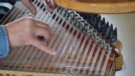 close-up of hands playing a stringed musical instrument