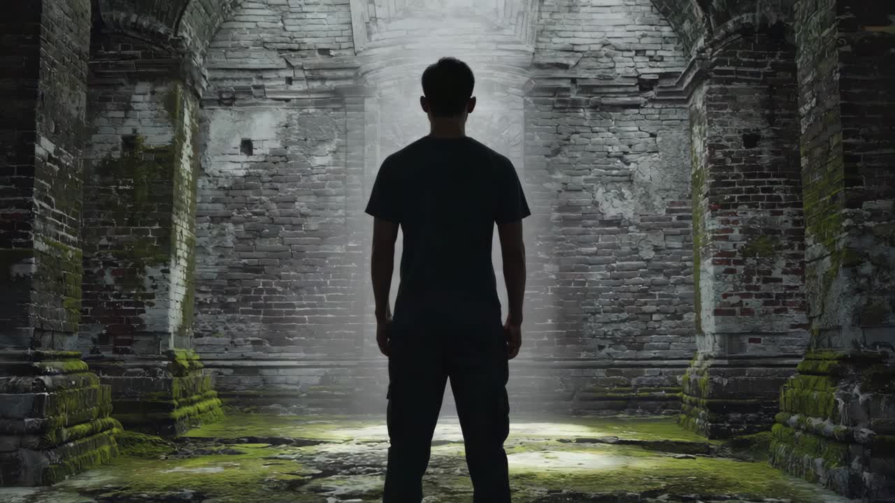 A Man Standing in a Mysterious Underground Tunnel
