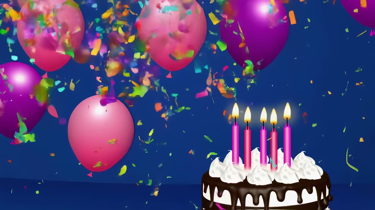 Chocolate birthday cake adorned with lit candles, pink and purple balloons, confetti falling against vibrant blue background, creating festive celebration moment